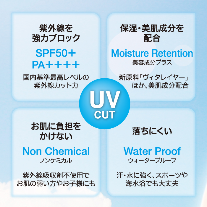 □SPF50+、PA++++ 高い紫外線防止効果で、日焼けによるシミ、ソバカスを防ぎます。□汗や水に強いウォータープルーフタイプ。□肌になめらかになじみ、べたつかず、キシミ感が無く、白浮しません。□植物由来のマルチアンチエイジング原料、ビタミンD合成原料配合。